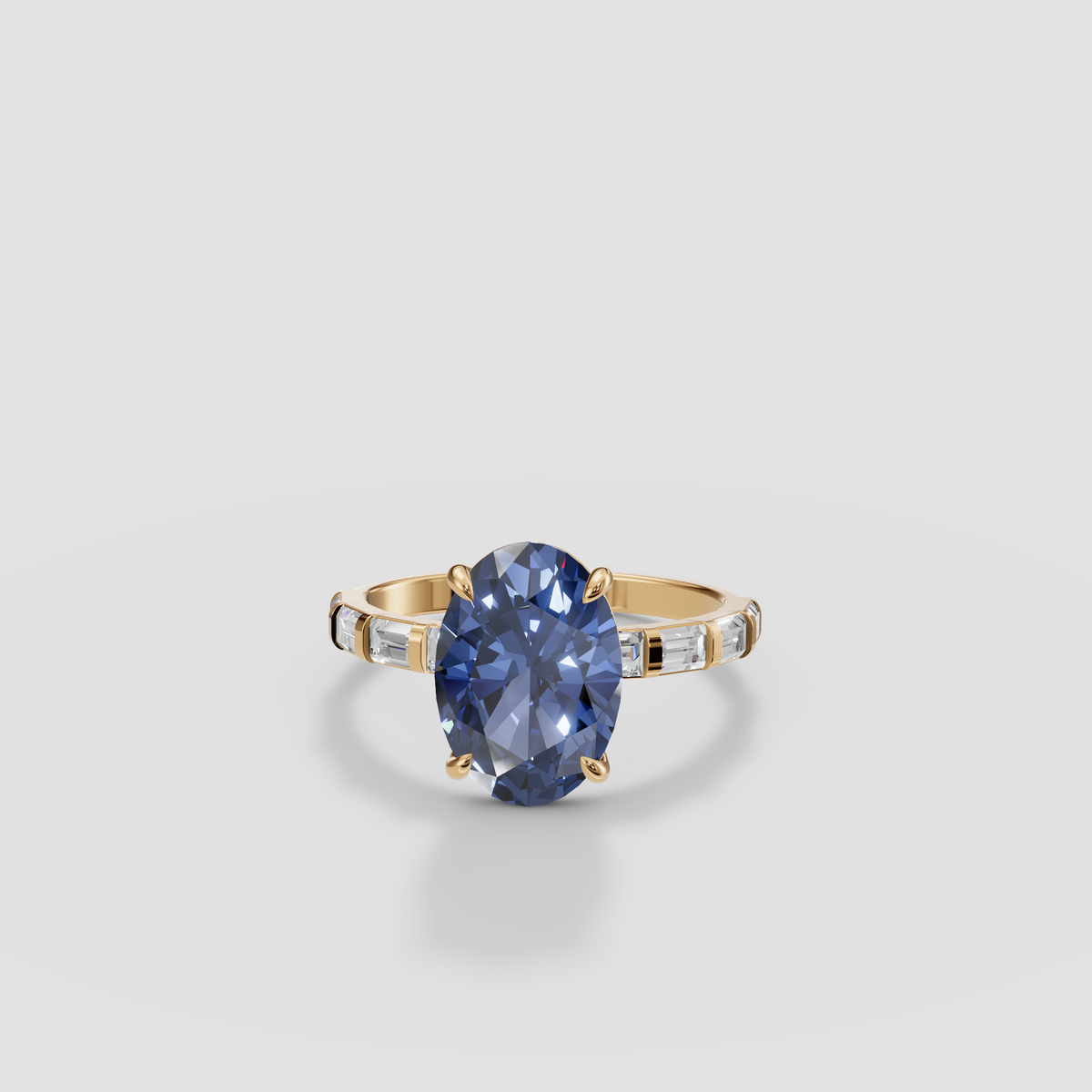 Oval Blue Diamond Engagement Ring with Baguette Diamond Band, Modern Gold Ring