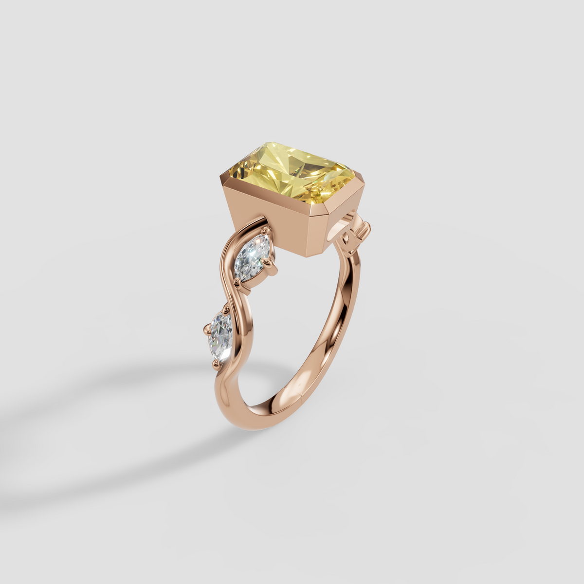 Radiant Cut Yellow Diamond Ring with Wave Accent Band in 14K Gold