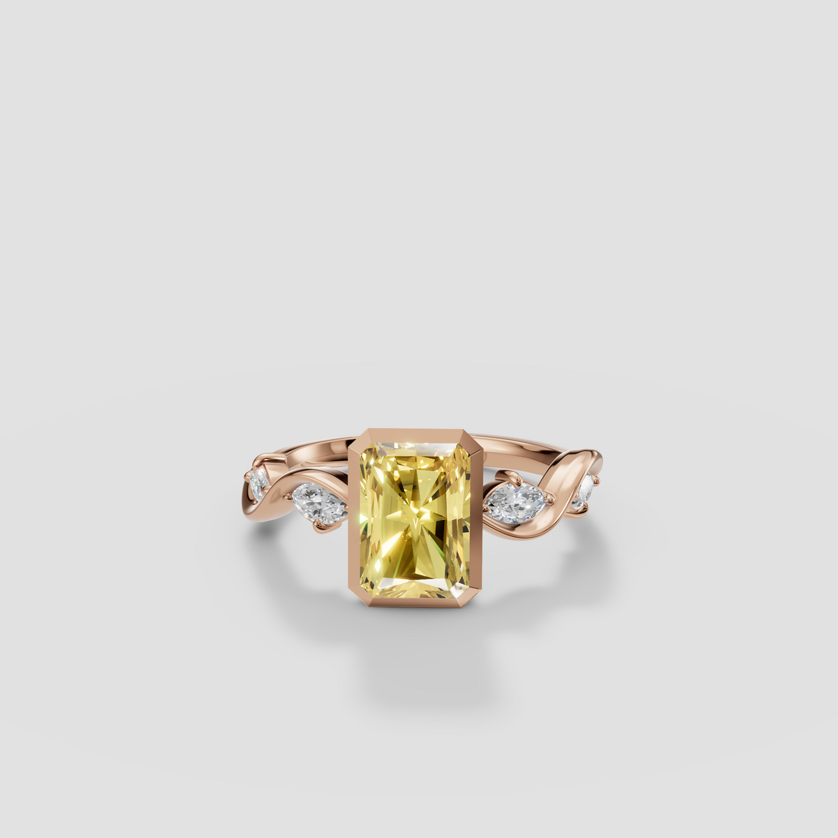 Radiant Cut Yellow Diamond Ring with Wave Accent Band in 14K Gold