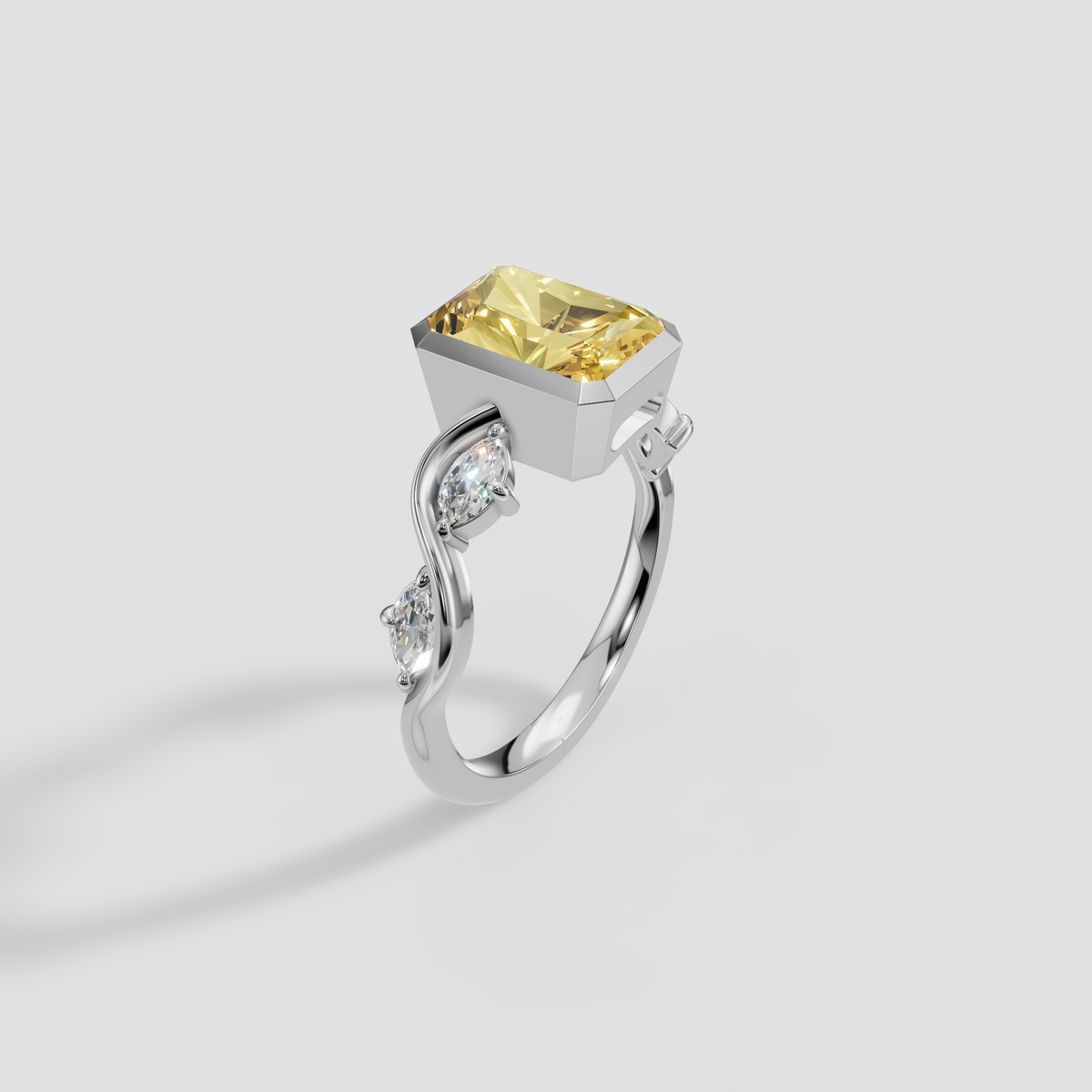Radiant Cut Yellow Diamond Ring with Wave Accent Band in 14K Gold