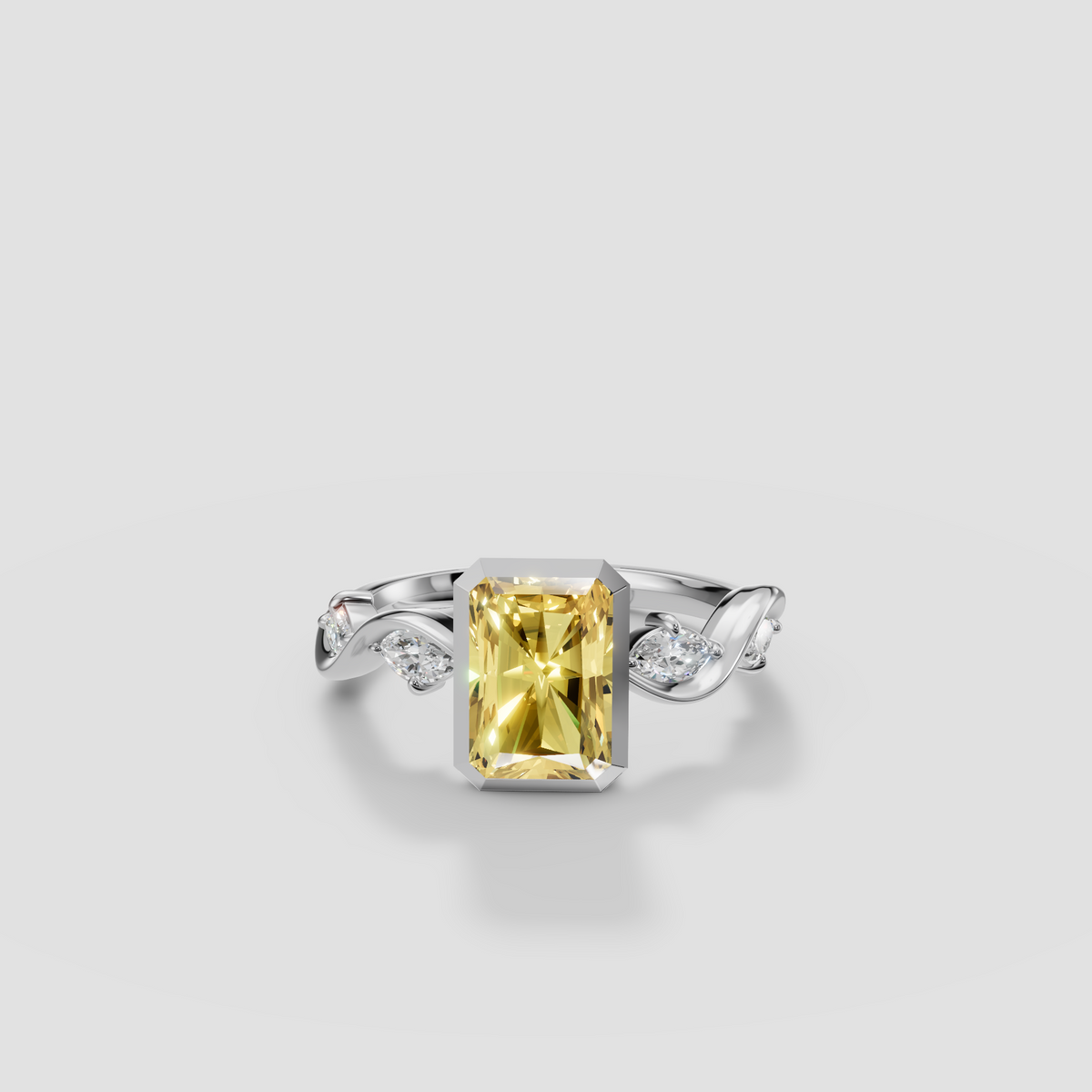 Radiant Cut Yellow Diamond Ring with Wave Accent Band in 14K Gold