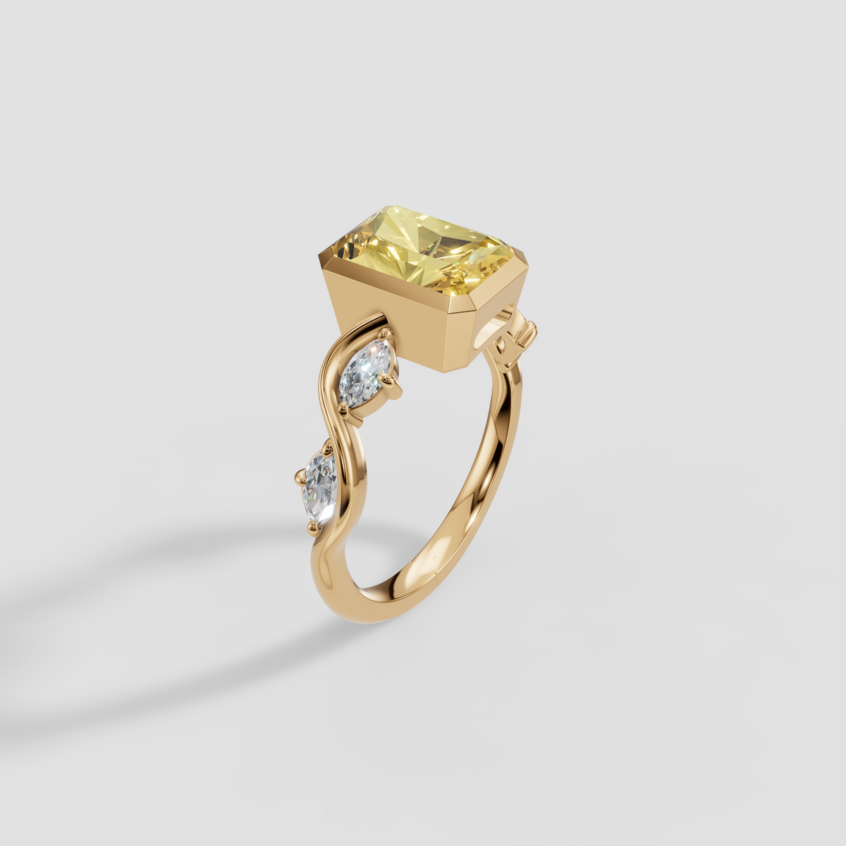 Radiant Cut Yellow Diamond Ring with Wave Accent Band in 14K Gold