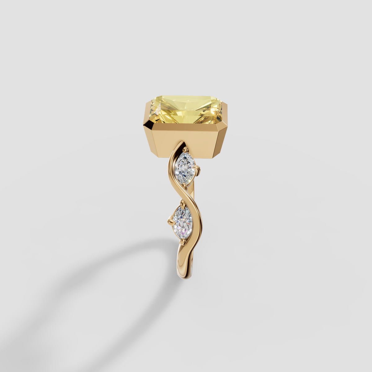 Radiant Cut Yellow Diamond Ring with Wave Accent Band in 14K Gold