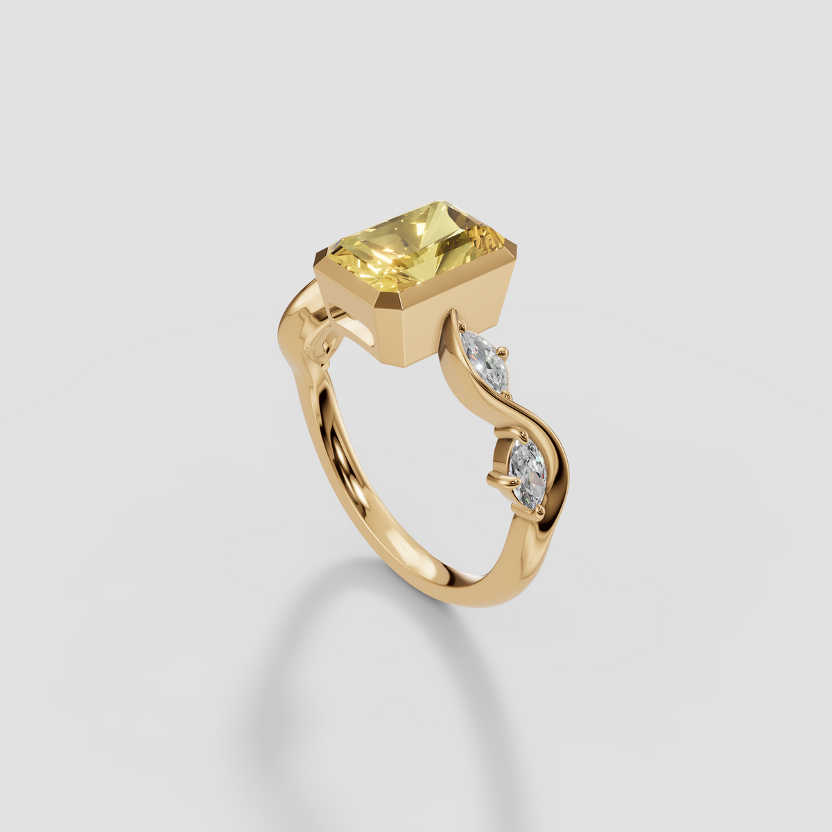 Radiant Cut Yellow Diamond Ring with Wave Accent Band in 14K Gold