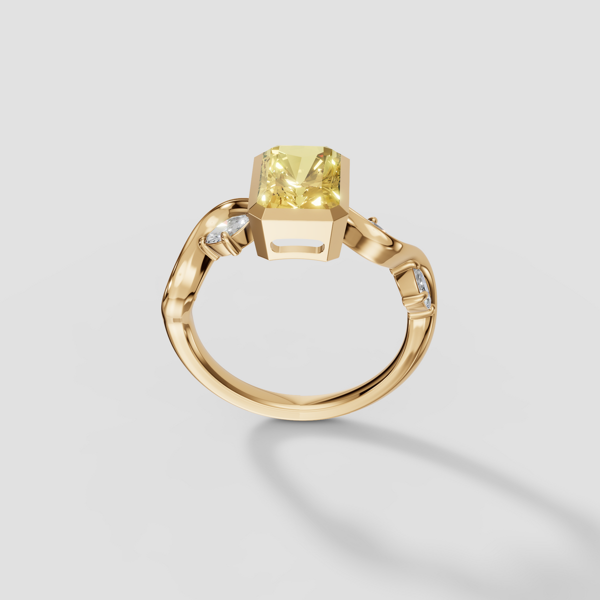 Radiant Cut Yellow Diamond Ring with Wave Accent Band in 14K Gold