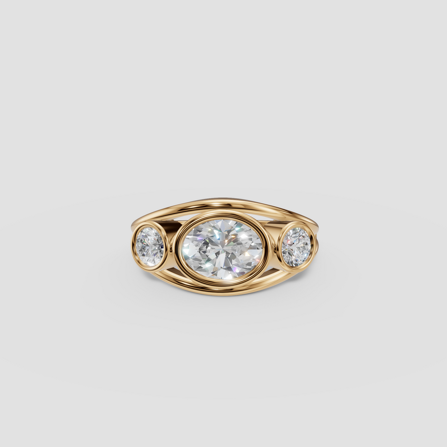 Oval Diamond Three Stone Ring, IGI Certified, 14K Yellow Gold