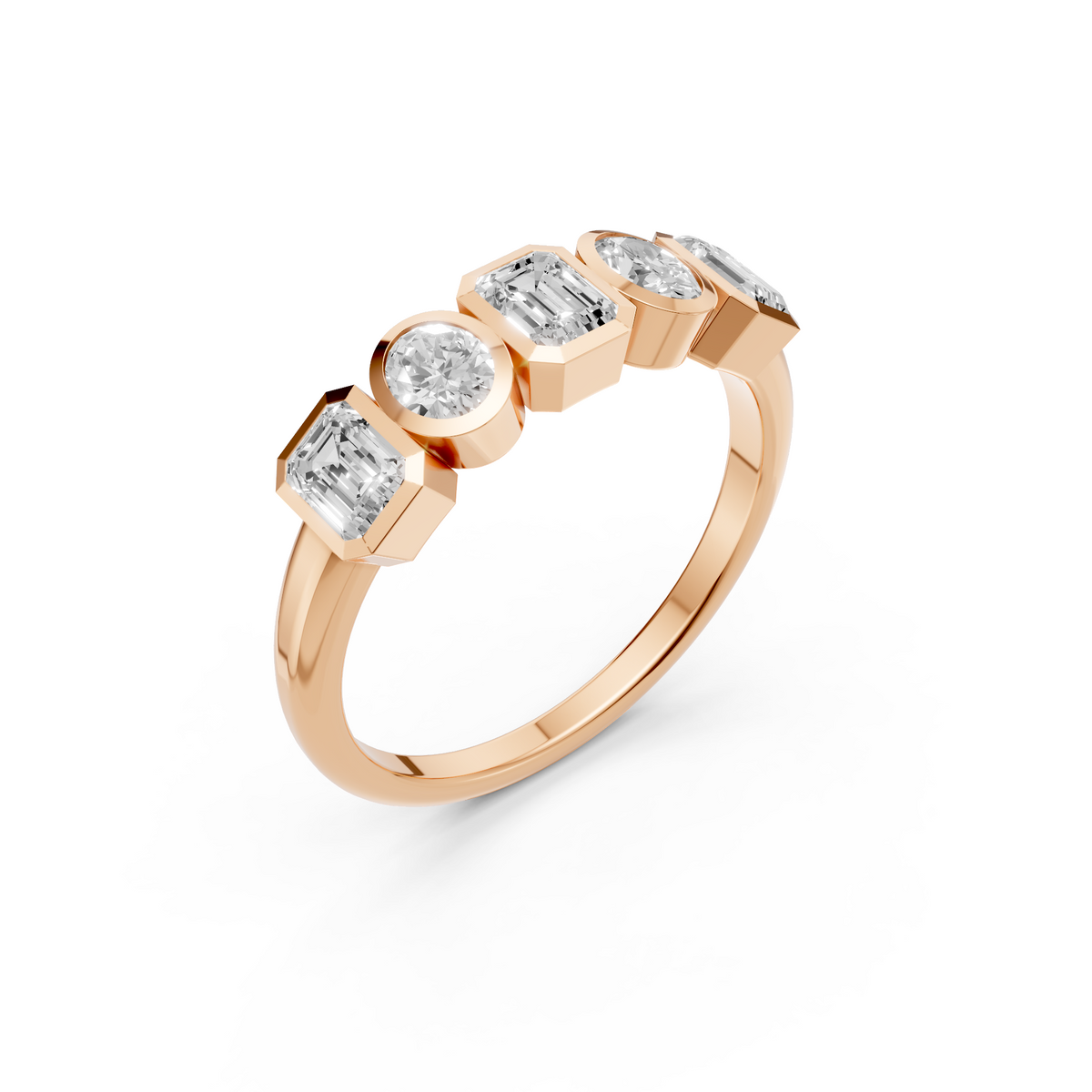 Elara Emerald Cut & Oval Diamond Band, Geometric Bezel Set Five Stone Ring