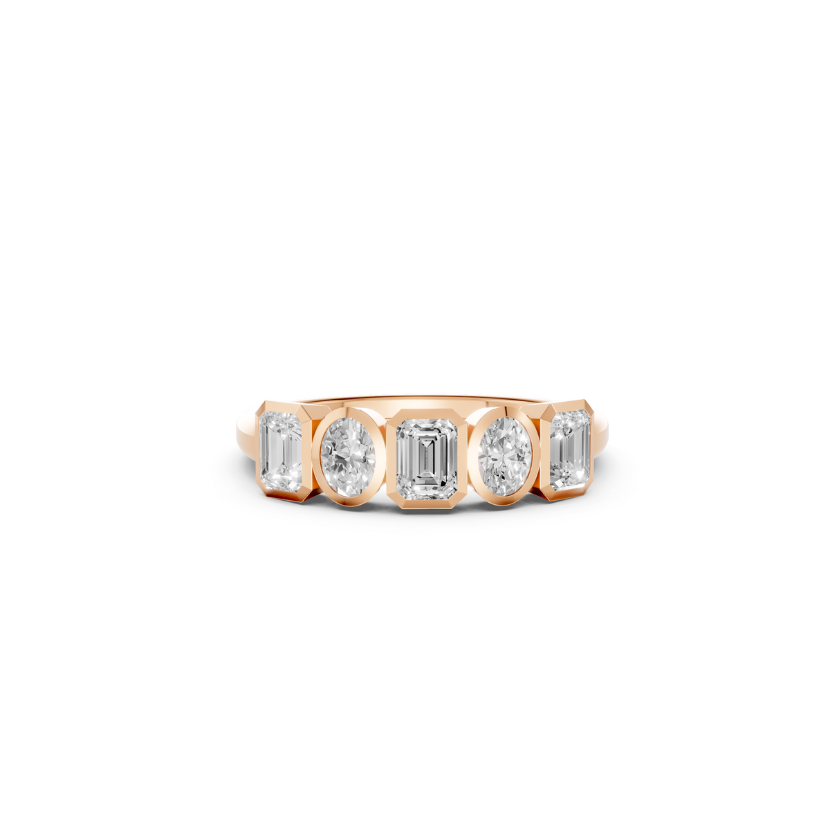 Elara Emerald Cut & Oval Diamond Band, Geometric Bezel Set Five Stone Ring