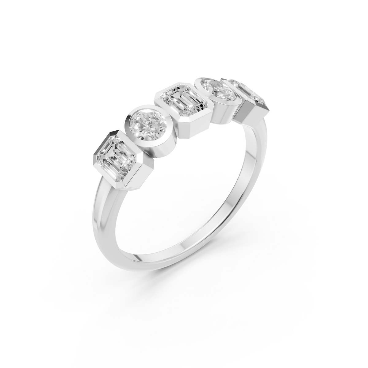 Elara Emerald Cut & Oval Diamond Band, Geometric Bezel Set Five Stone Ring