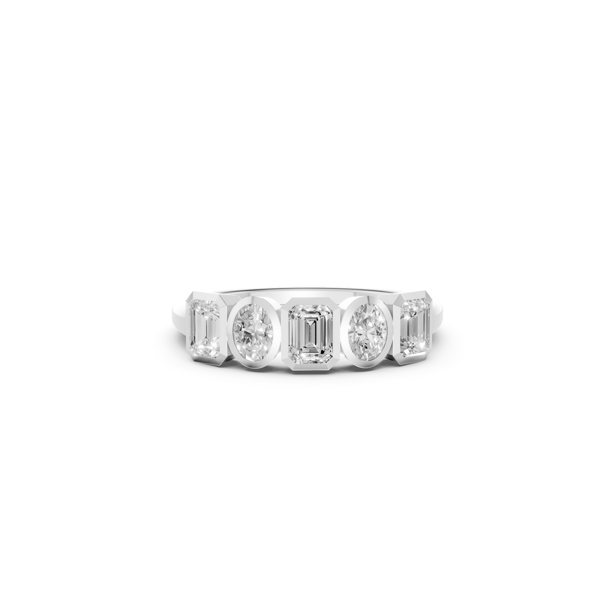 Elara Emerald Cut & Oval Diamond Band, Geometric Bezel Set Five Stone Ring