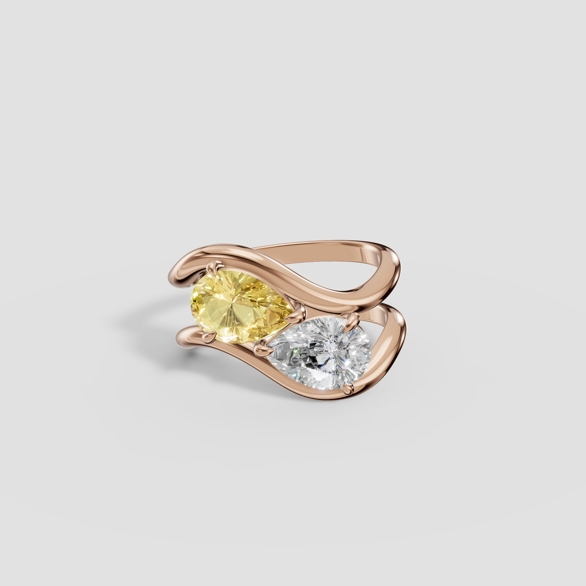 Yellow and White Pear Diamond Toi et Moi Wave Ring in 14K Gold