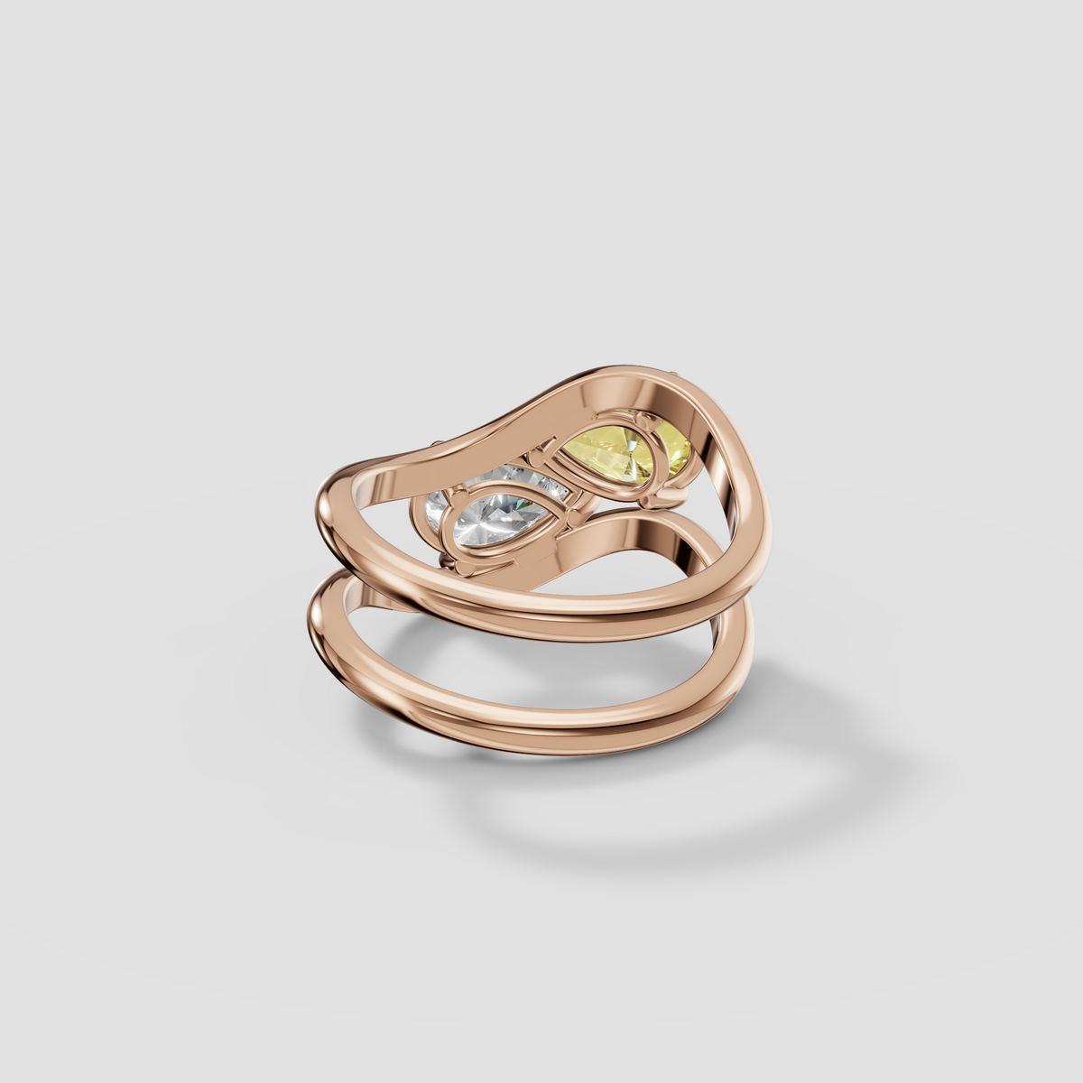 Yellow and White Pear Diamond Toi et Moi Wave Ring in 14K Gold