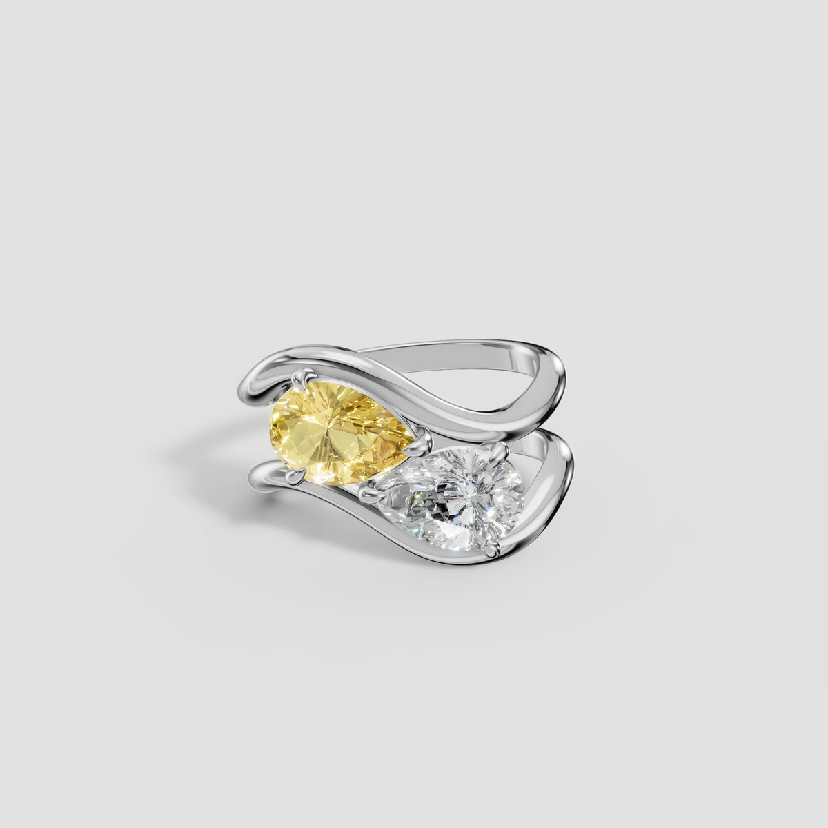 Yellow and White Pear Diamond Toi et Moi Wave Ring in 14K Gold