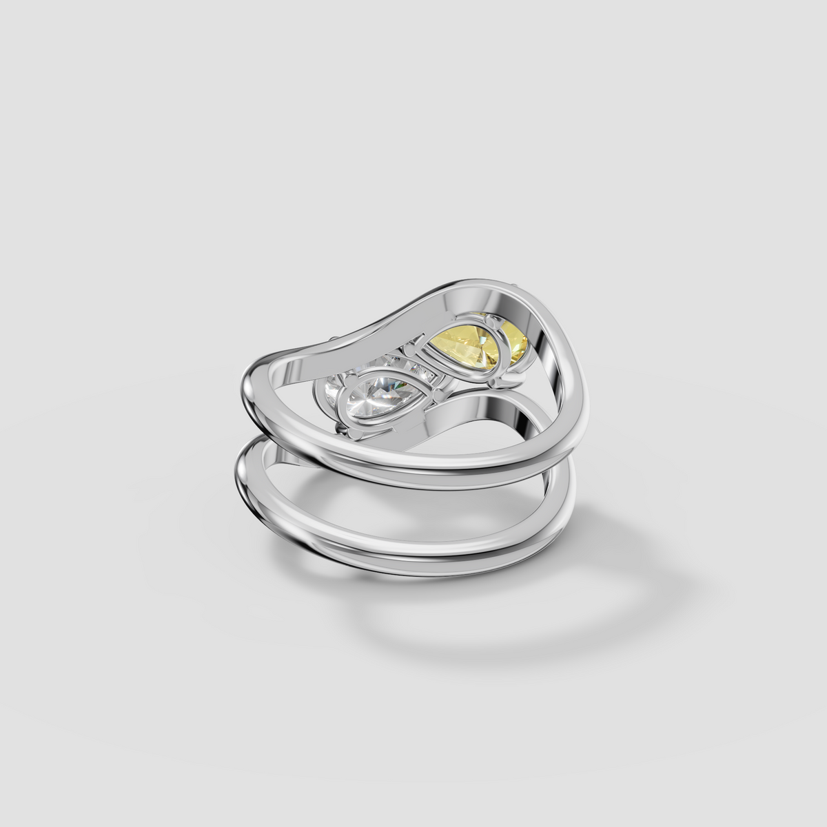 Yellow and White Pear Diamond Toi et Moi Wave Ring in 14K Gold