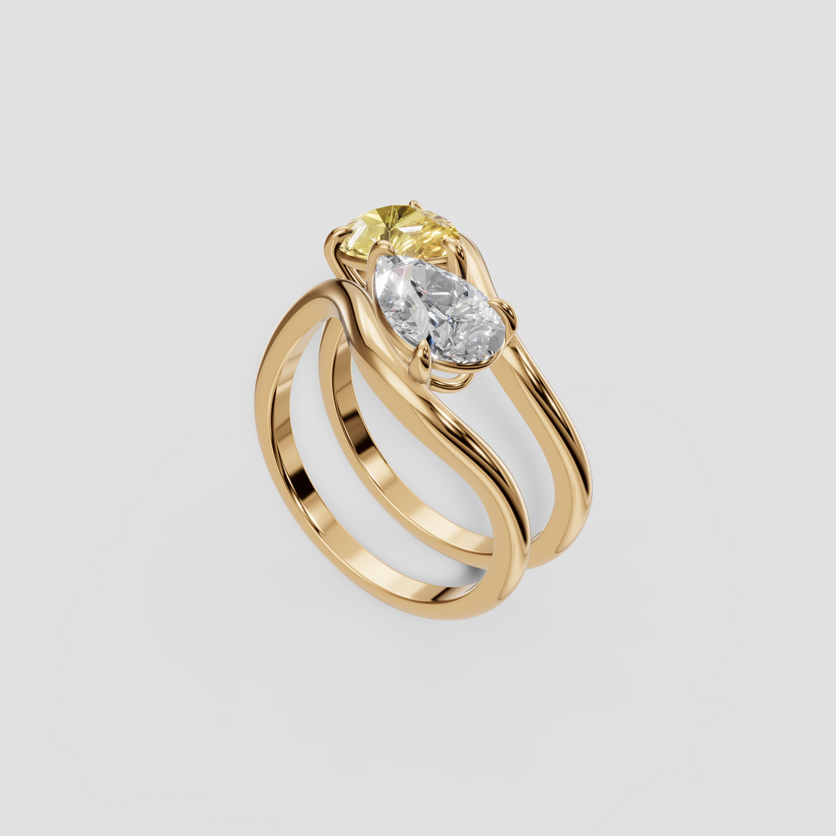 Yellow and White Pear Diamond Toi et Moi Wave Ring in 14K Gold