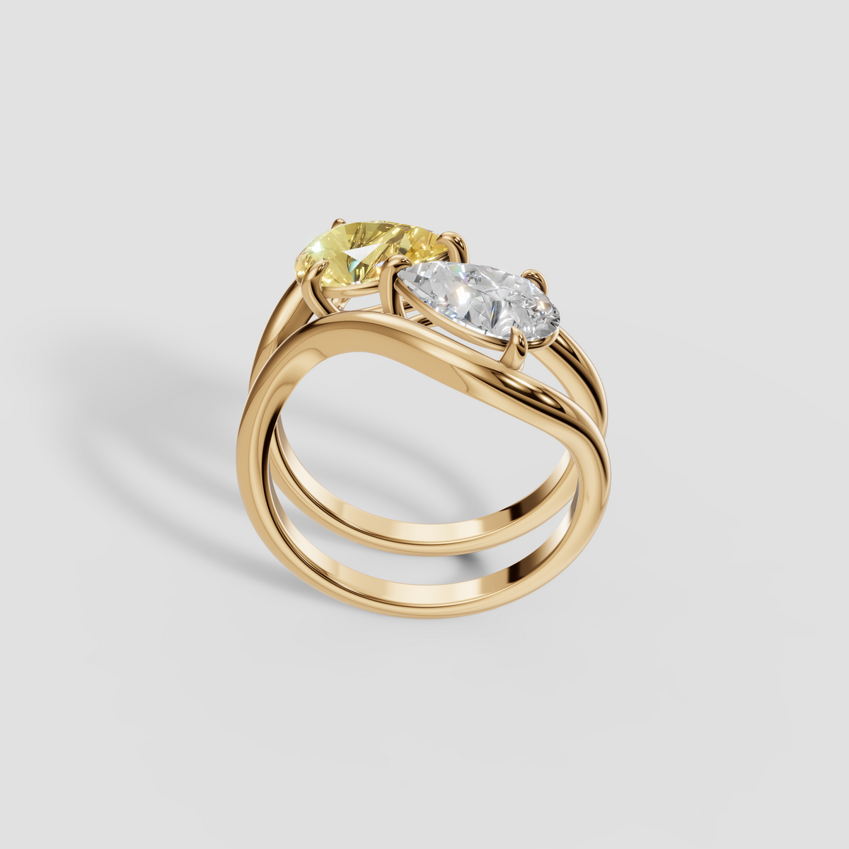 Yellow and White Pear Diamond Toi et Moi Wave Ring in 14K Gold