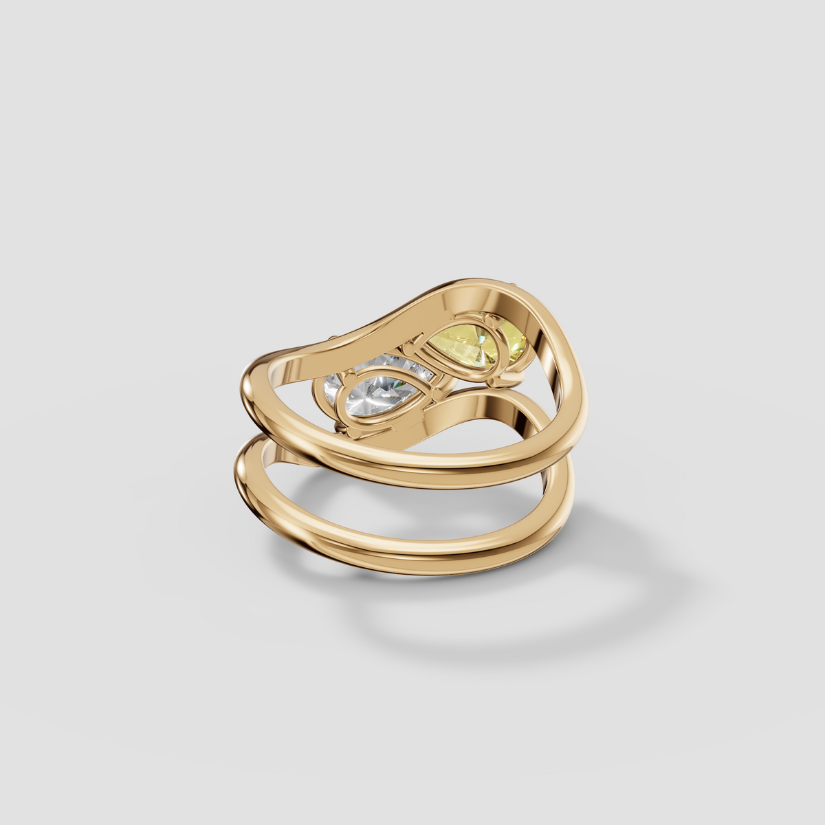 Yellow and White Pear Diamond Toi et Moi Wave Ring in 14K Gold