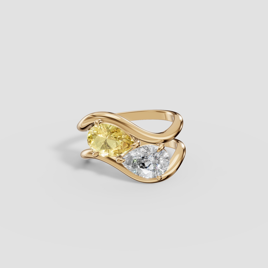 Yellow and White Pear Diamond Toi et Moi Wave Ring in 14K Gold