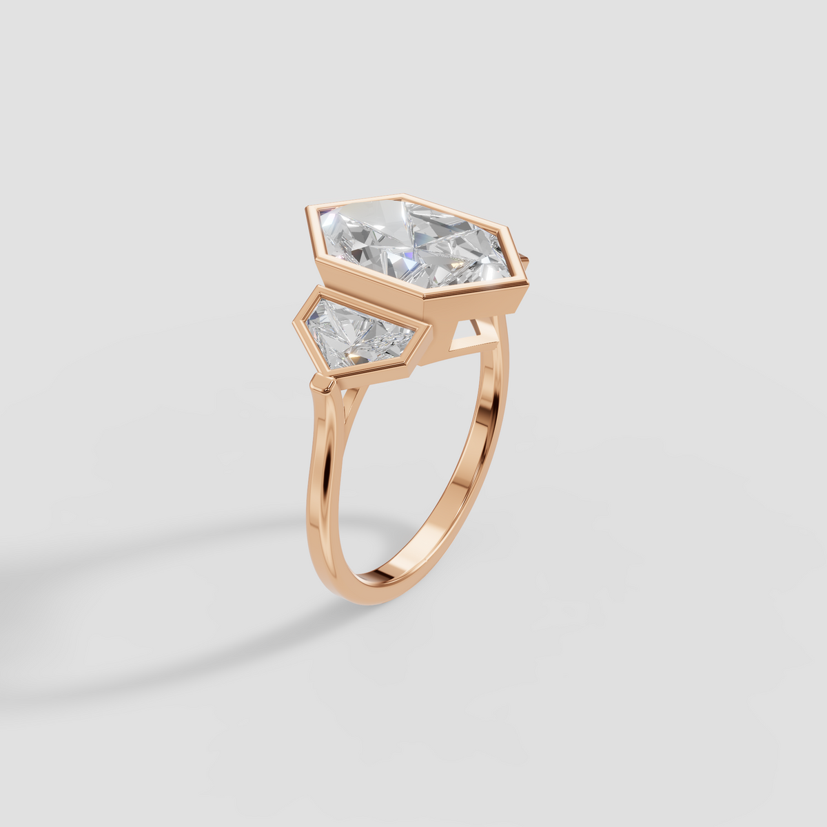 Geometric Three-Stone Dutch Marquise and Cadillac Diamond Engagement Ring