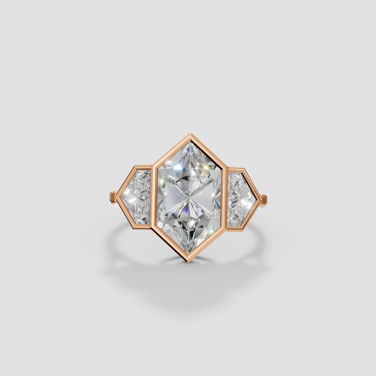 Geometric Three-Stone Dutch Marquise and Cadillac Diamond Engagement Ring
