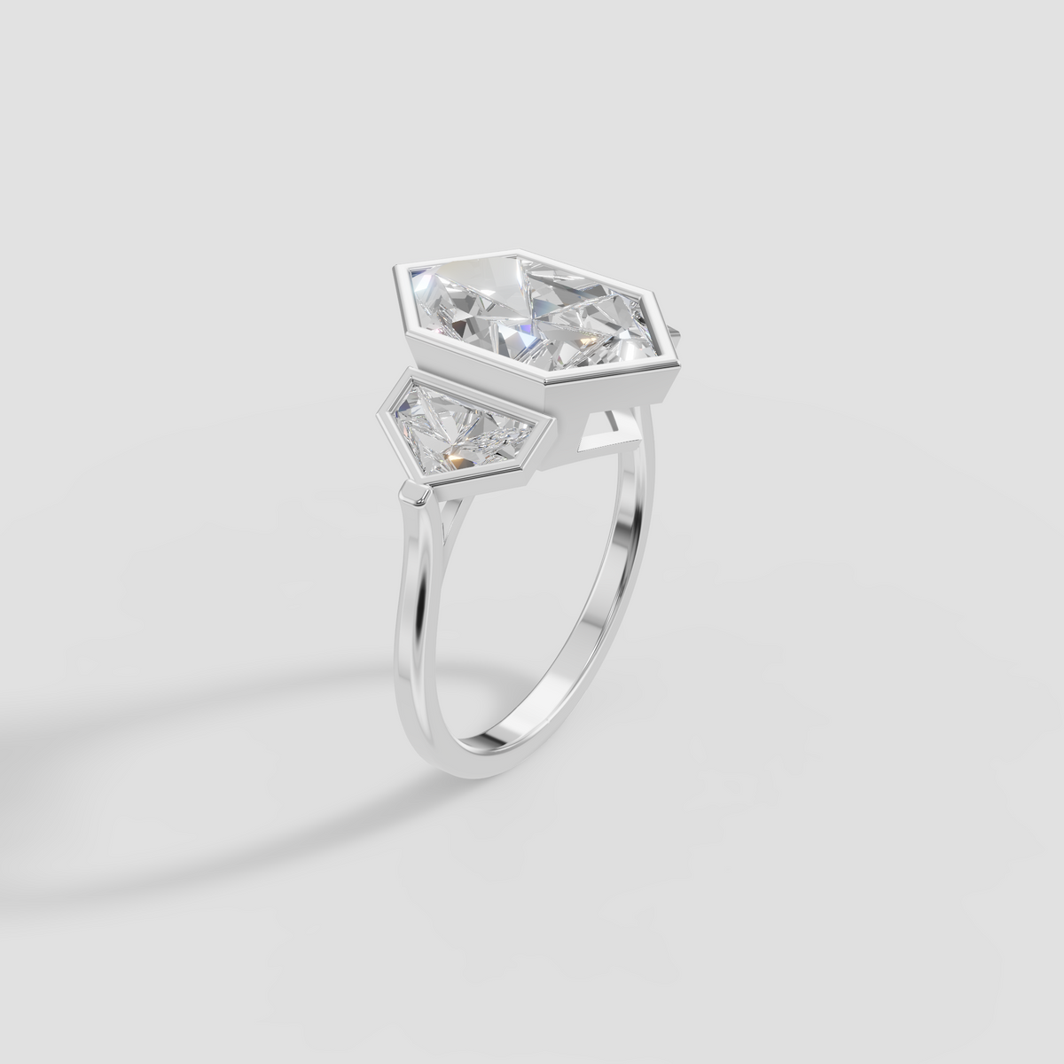 Geometric Three-Stone Dutch Marquise and Cadillac Diamond Engagement Ring