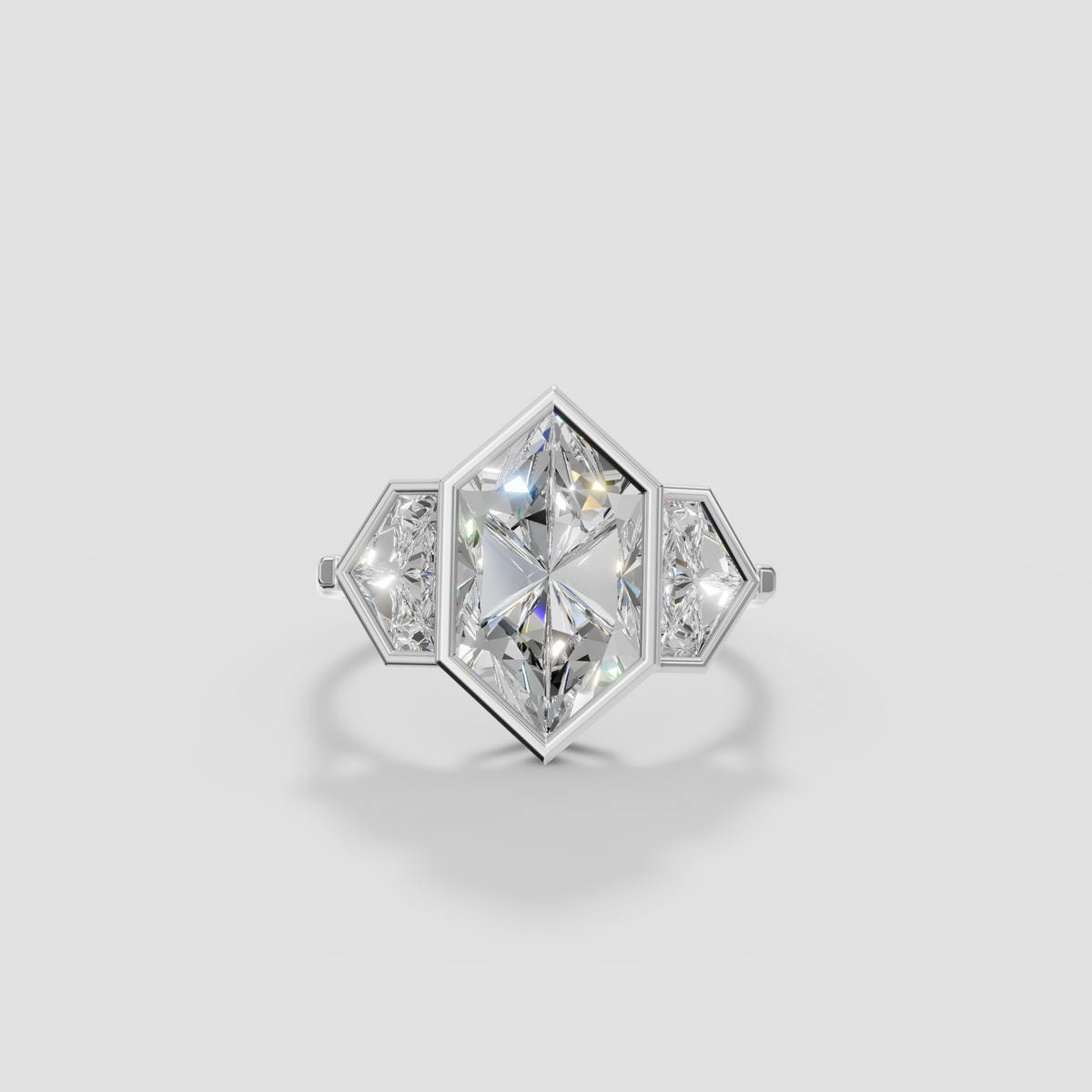 Geometric Three-Stone Dutch Marquise and Cadillac Diamond Engagement Ring