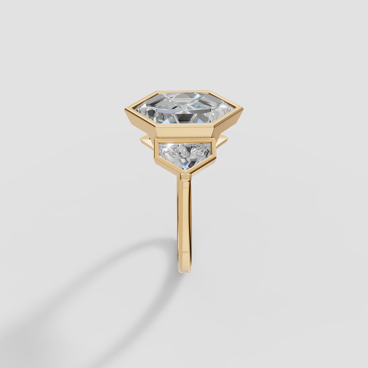Geometric Three-Stone Dutch Marquise and Cadillac Diamond Engagement Ring
