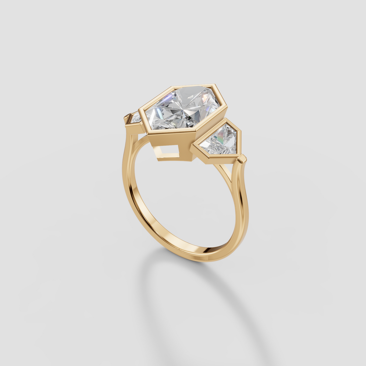 Geometric Three-Stone Dutch Marquise and Cadillac Diamond Engagement Ring