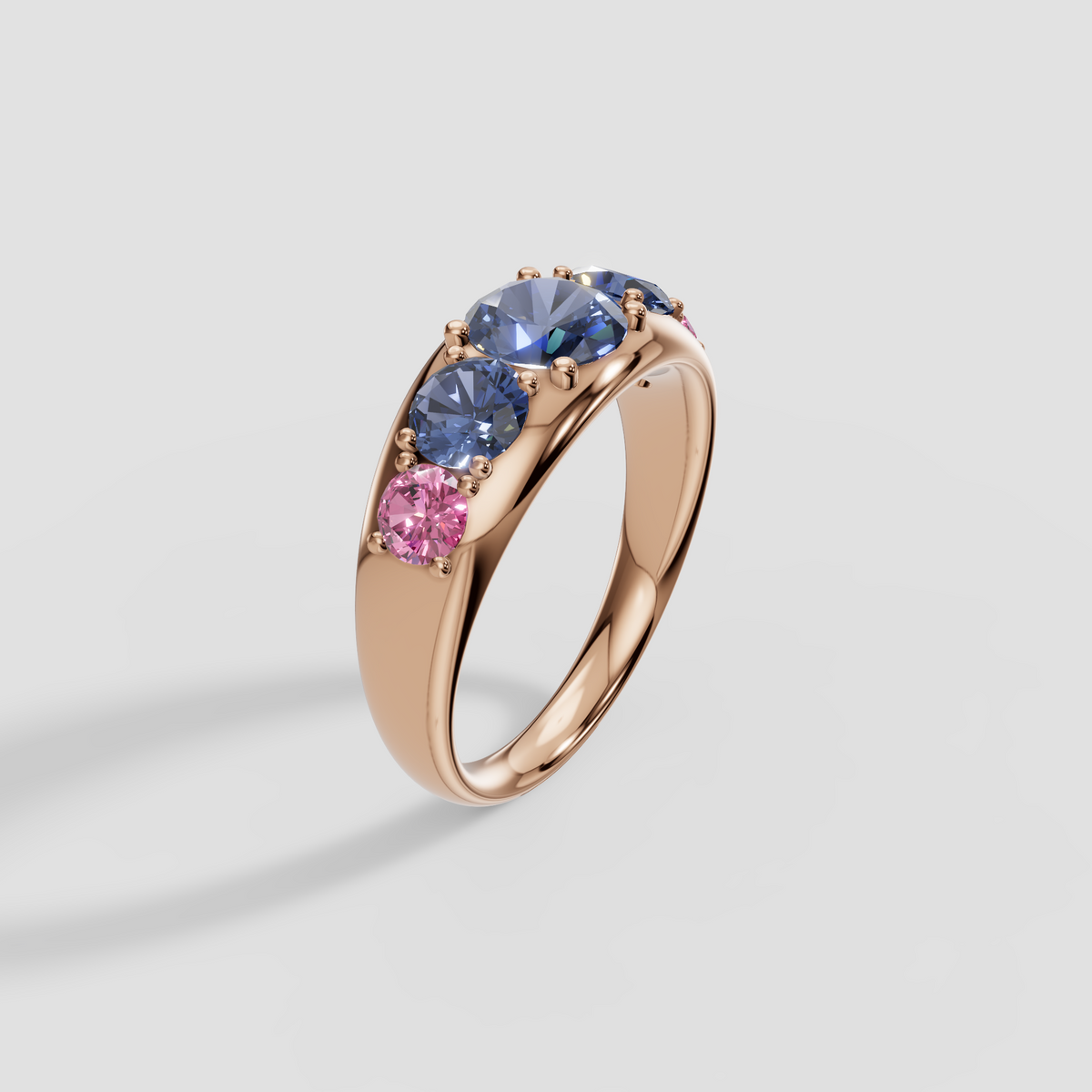 Round Blue and Pink Diamond Five Stone Dome Ring in 14K Gold