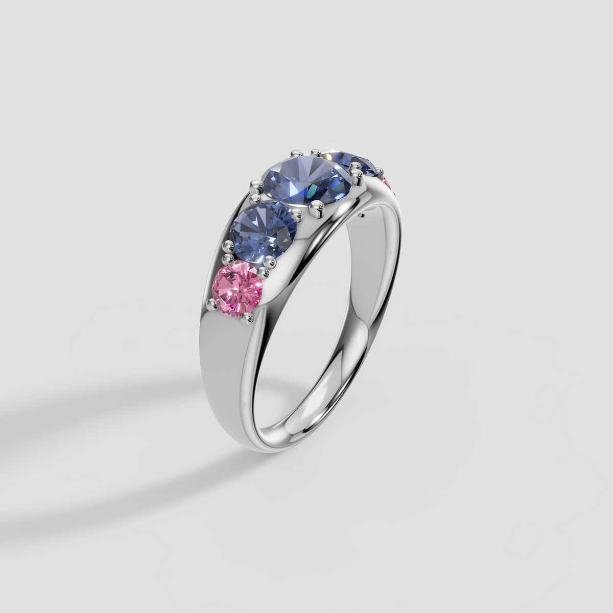 Round Blue and Pink Diamond Five Stone Dome Ring in 14K Gold