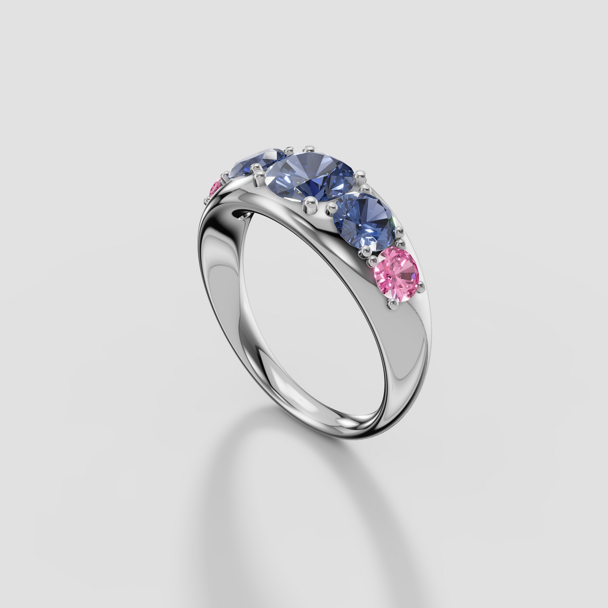 Round Blue and Pink Diamond Five Stone Dome Ring in 14K Gold
