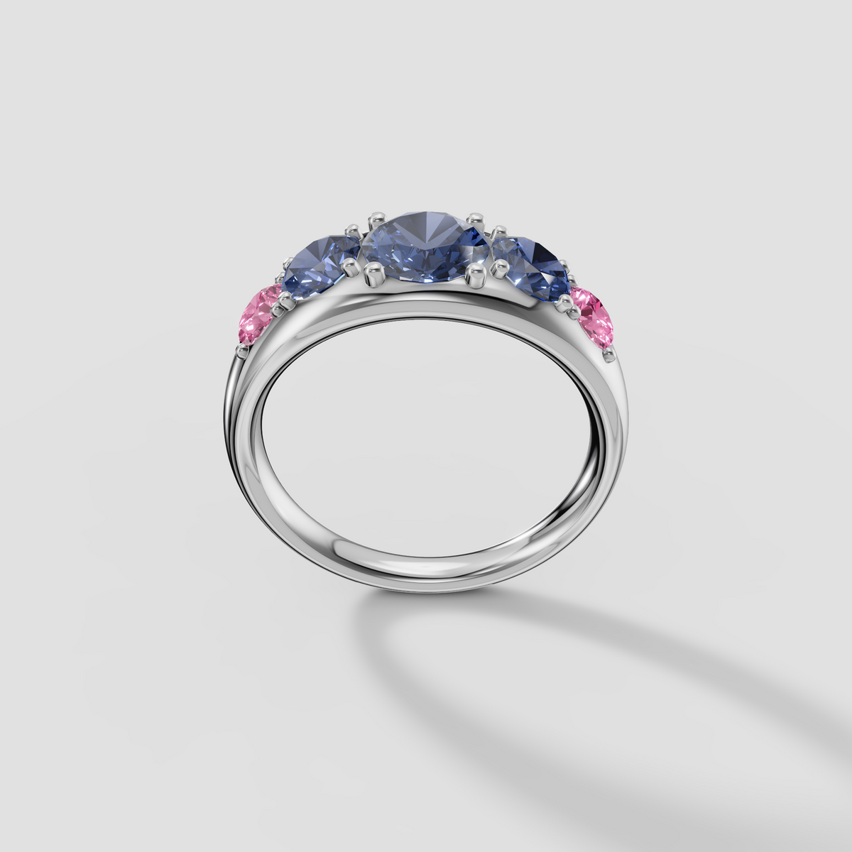 Round Blue and Pink Diamond Five Stone Dome Ring in 14K Gold
