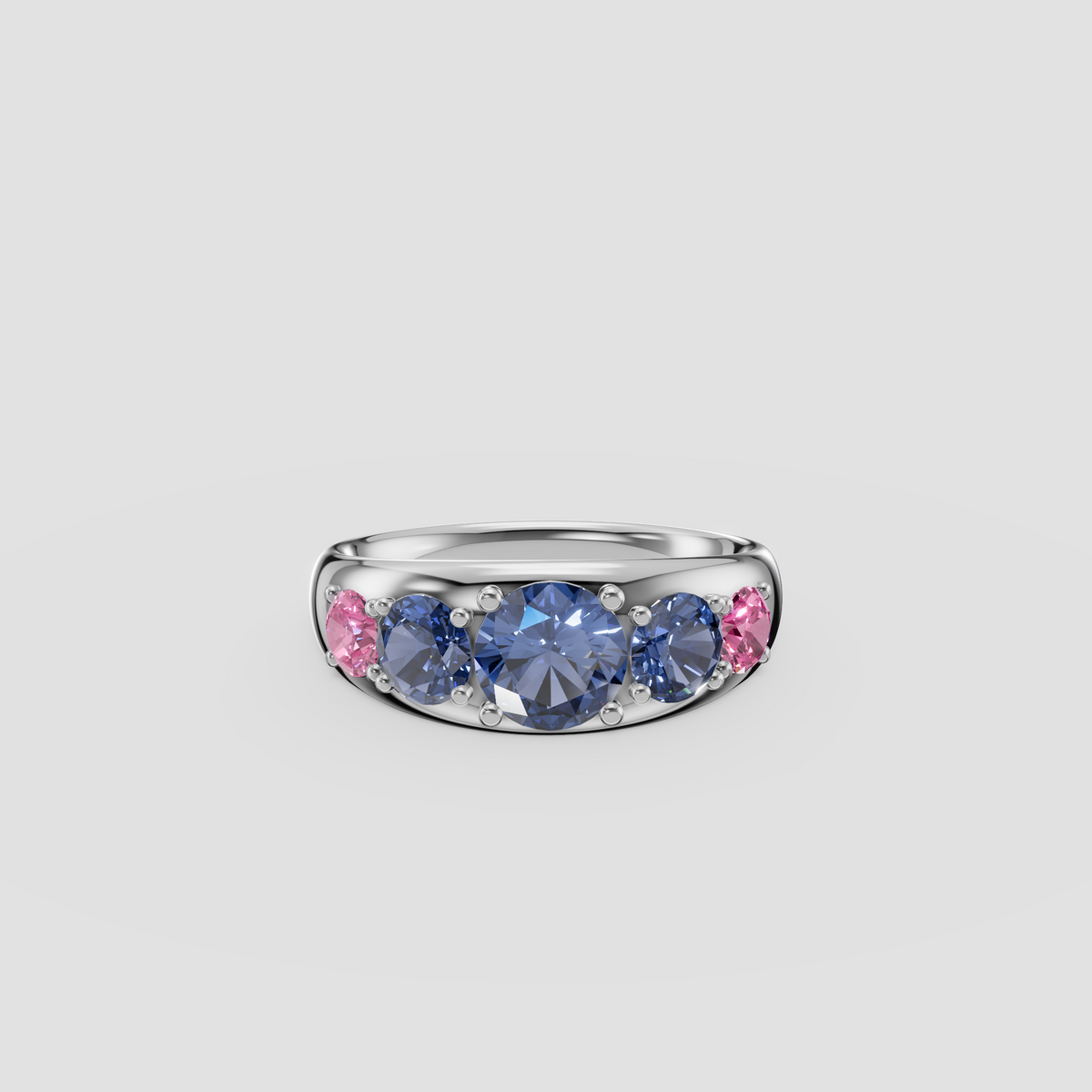 Round Blue and Pink Diamond Five Stone Dome Ring in 14K Gold