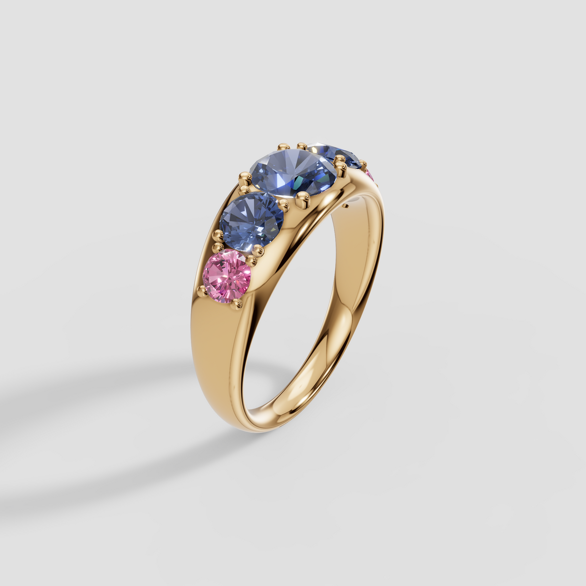 Round Blue and Pink Diamond Five Stone Dome Ring in 14K Gold