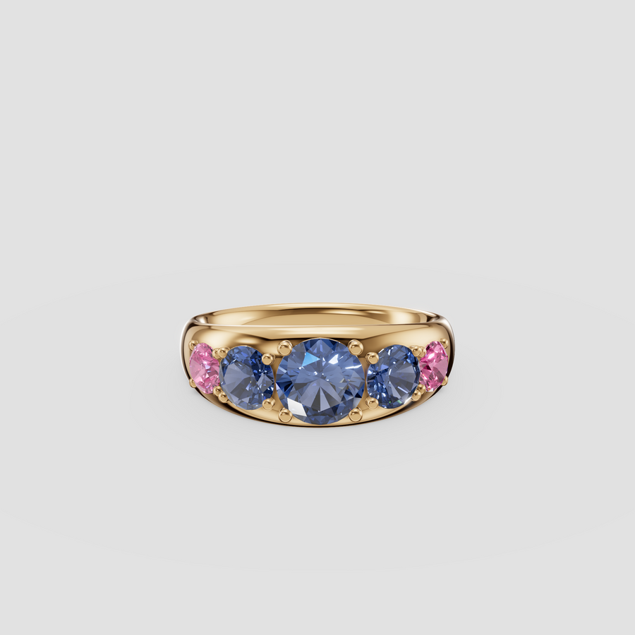 Round Blue and Pink Diamond Five Stone Dome Ring in 14K Gold