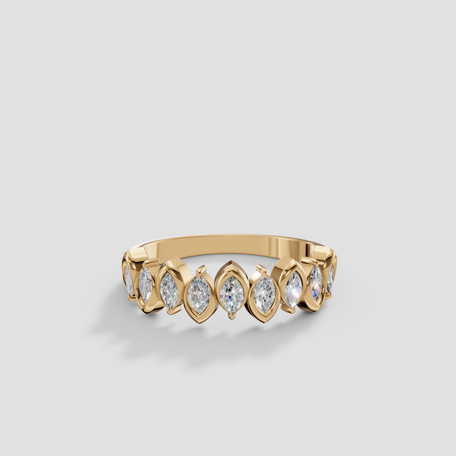 Marquise Diamond Alternating Bezel Half Eternity Wedding Band in 14K Gold