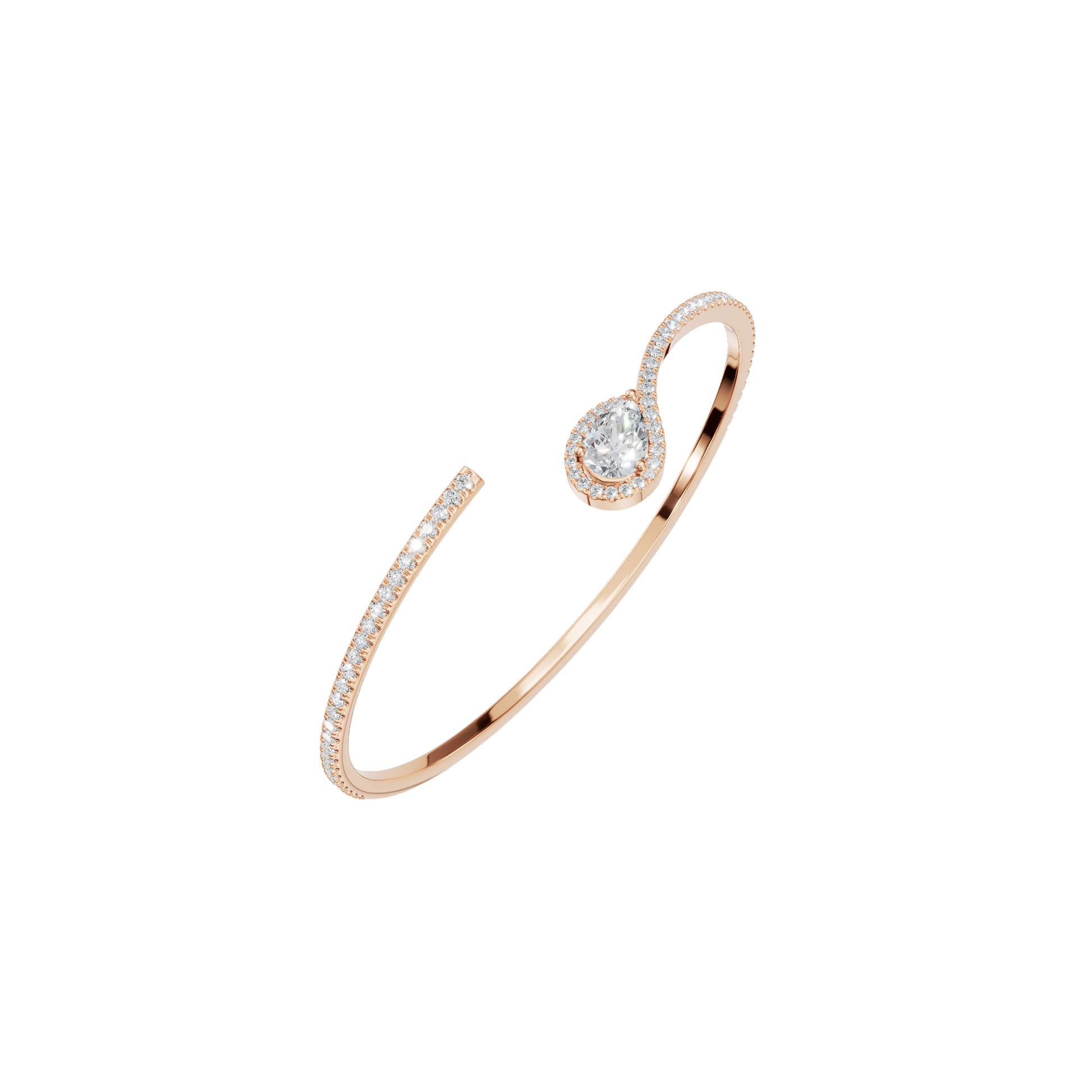 Gold Open Bangle Bracelet with Pear-Shaped Diamond Center