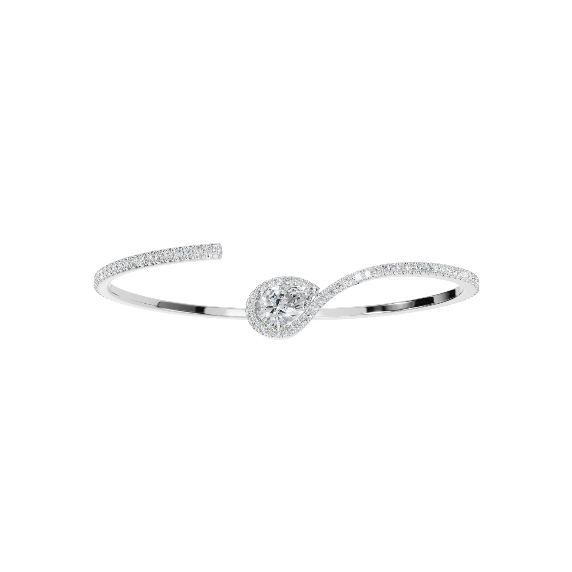 Gold Open Bangle Bracelet with Pear-Shaped Diamond Center