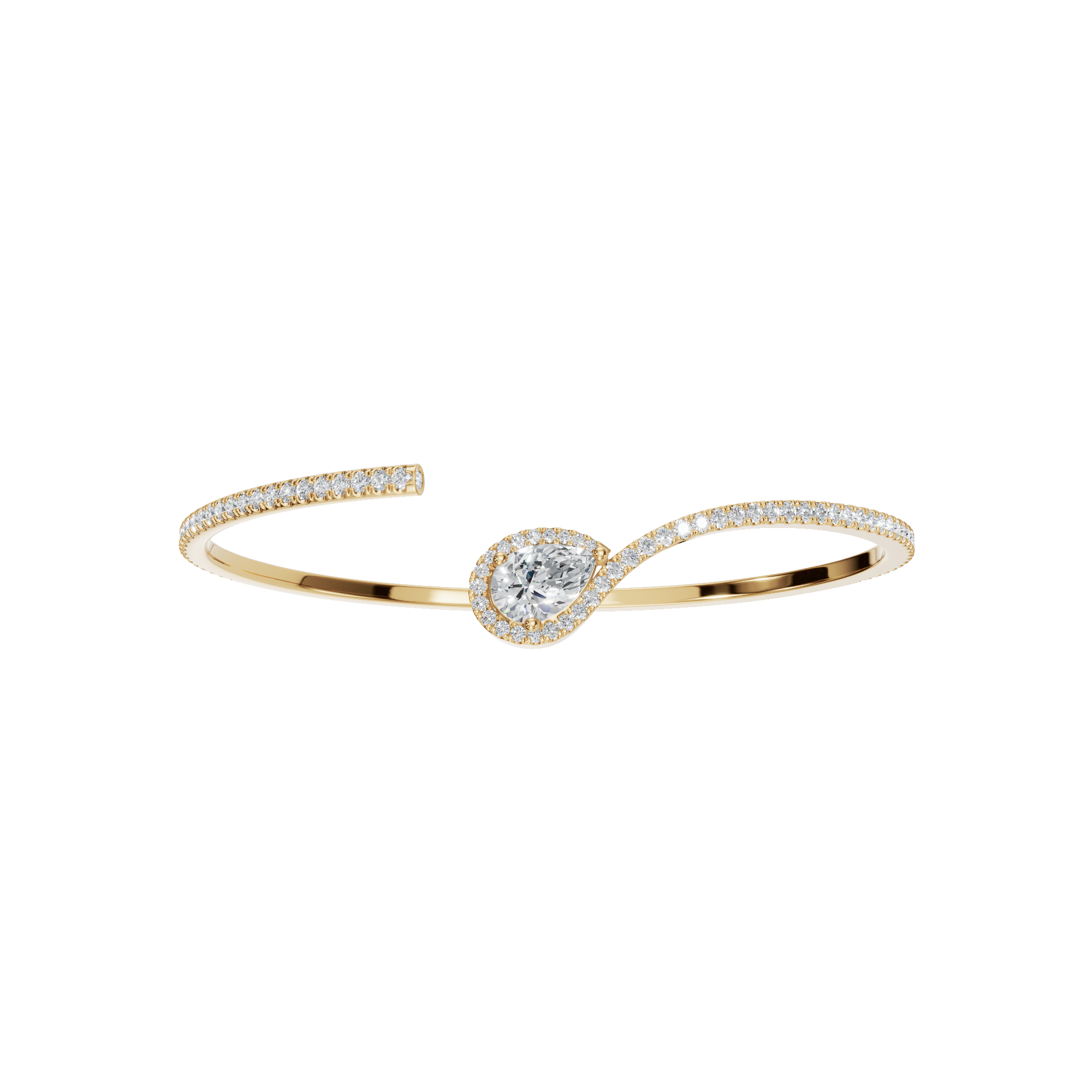 Gold Open Bangle Bracelet with Pear-Shaped Diamond Center