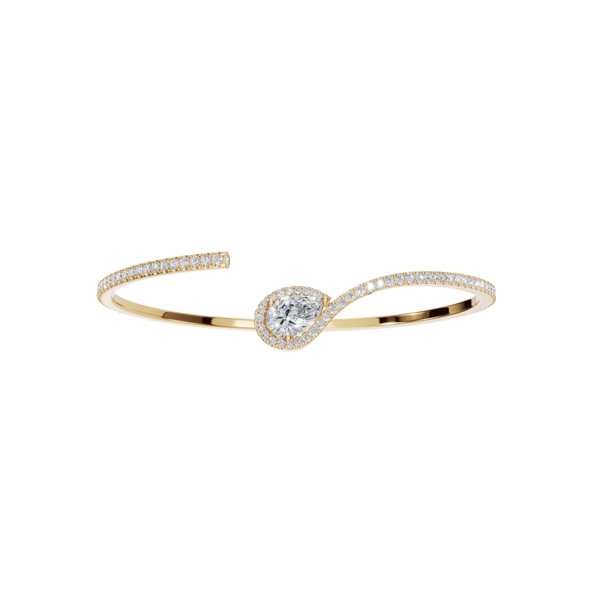 Gold Open Bangle Bracelet with Pear-Shaped Diamond Center