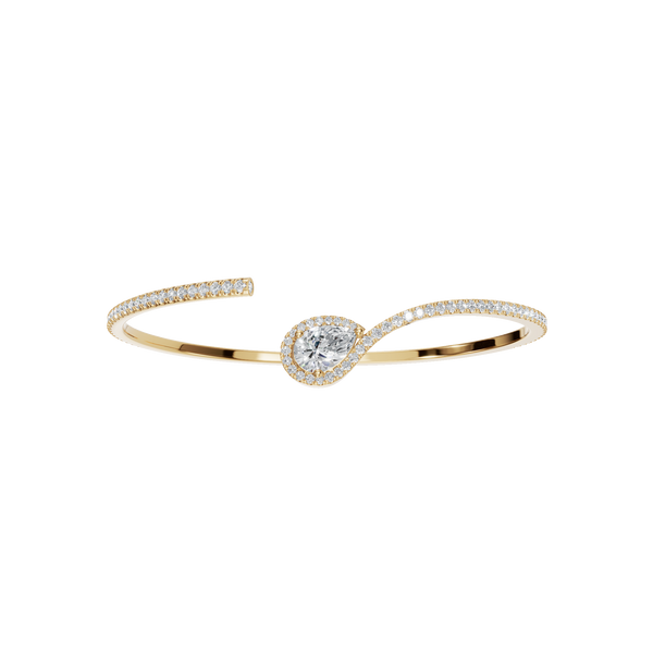 Gold Open Bangle Bracelet with Pear-Shaped Diamond Center