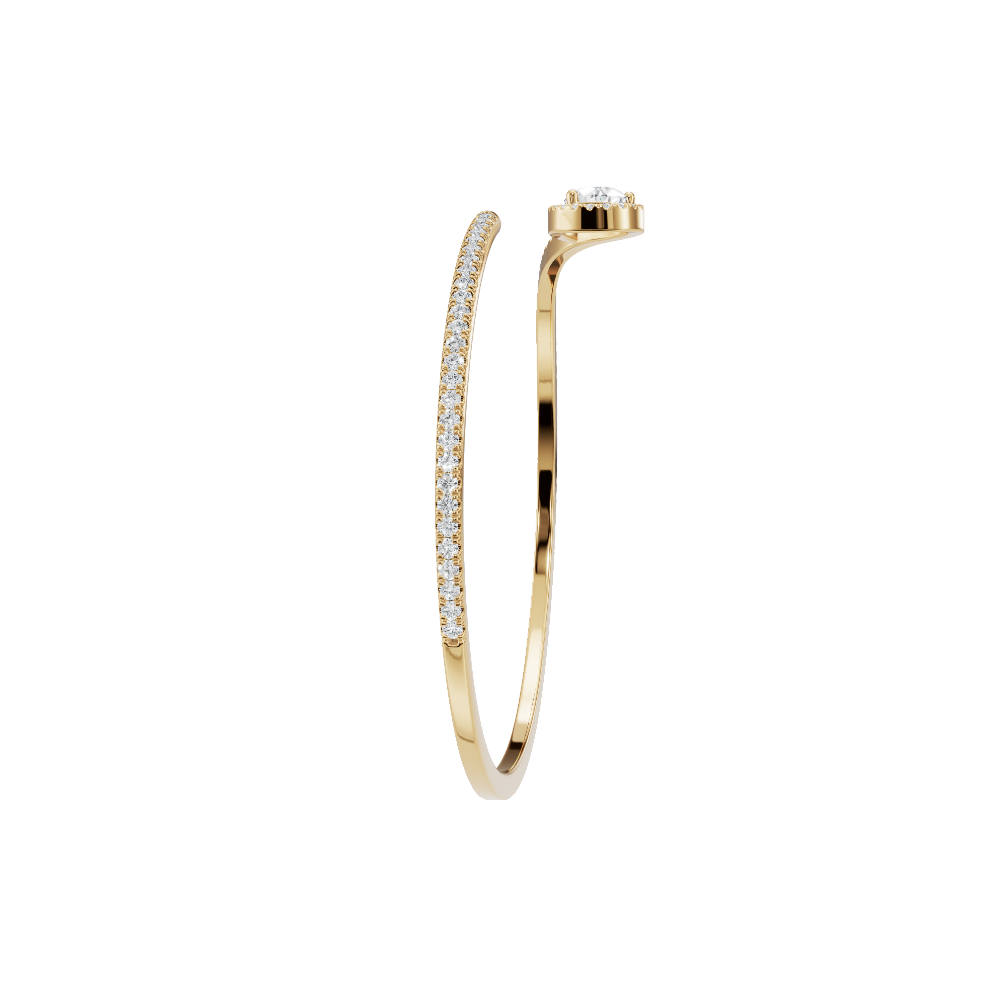 Gold Open Bangle Bracelet with Pear-Shaped Diamond Center