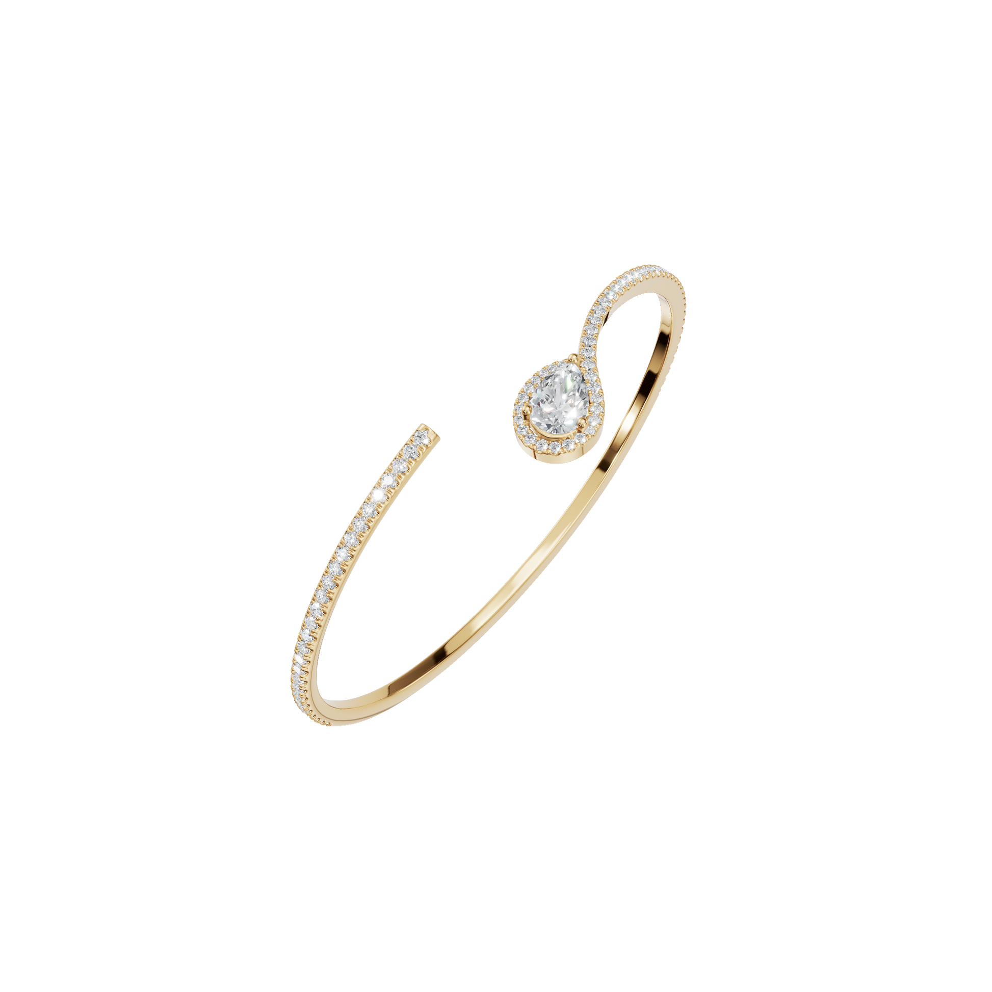 Gold Open Bangle Bracelet with Pear-Shaped Diamond Center