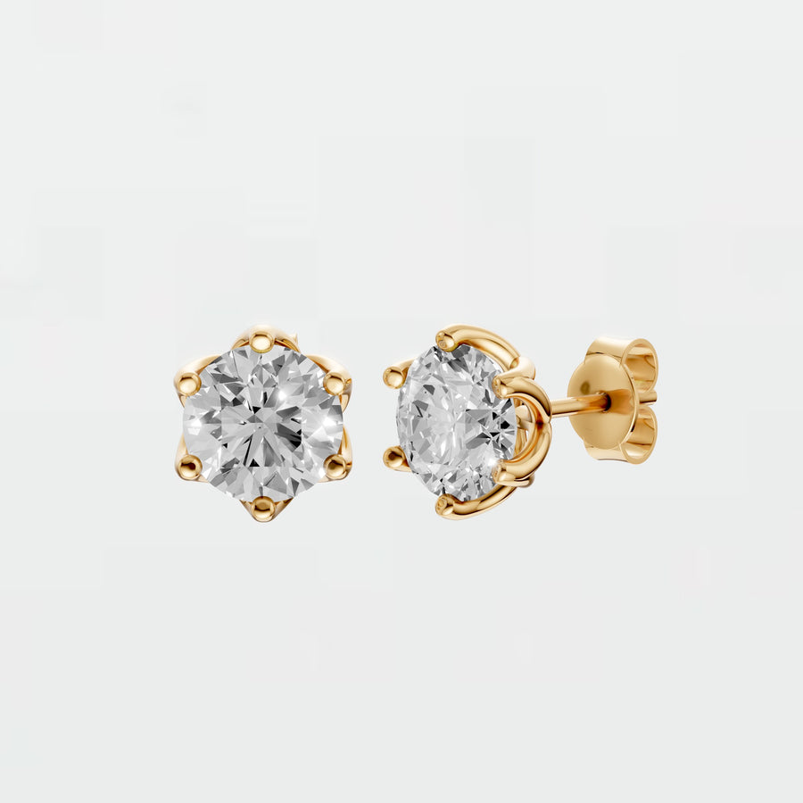 Diamond Stud Earrings with Six Prong Basket Setting in 14k Gold