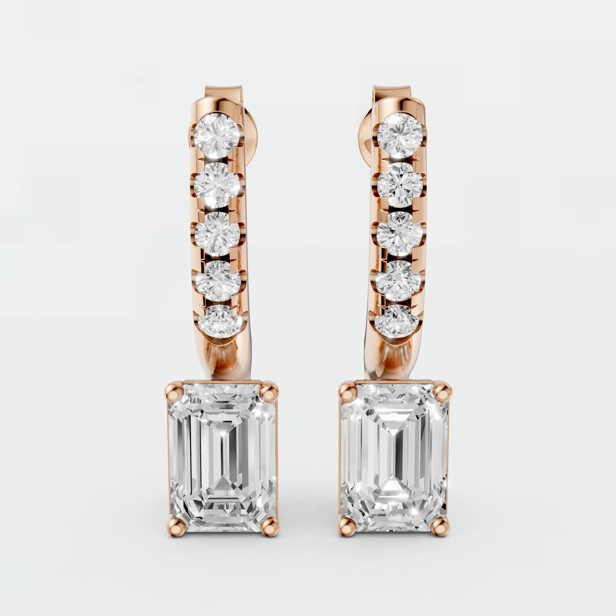 Emerald Cut Diamond Drop Hoop Earrings with Round Diamond Detailing