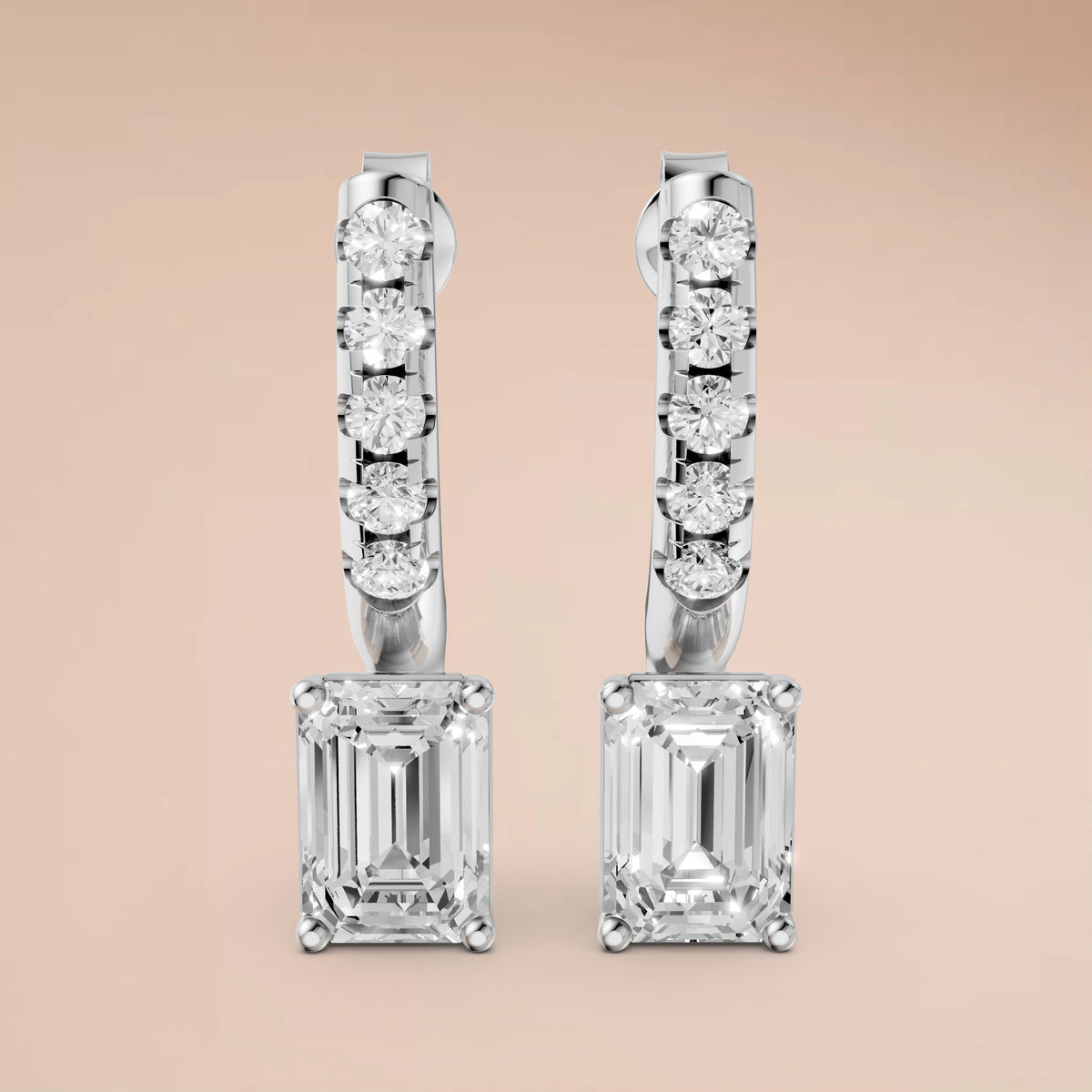 Emerald Cut Diamond Drop Hoop Earrings with Round Diamond Detailing