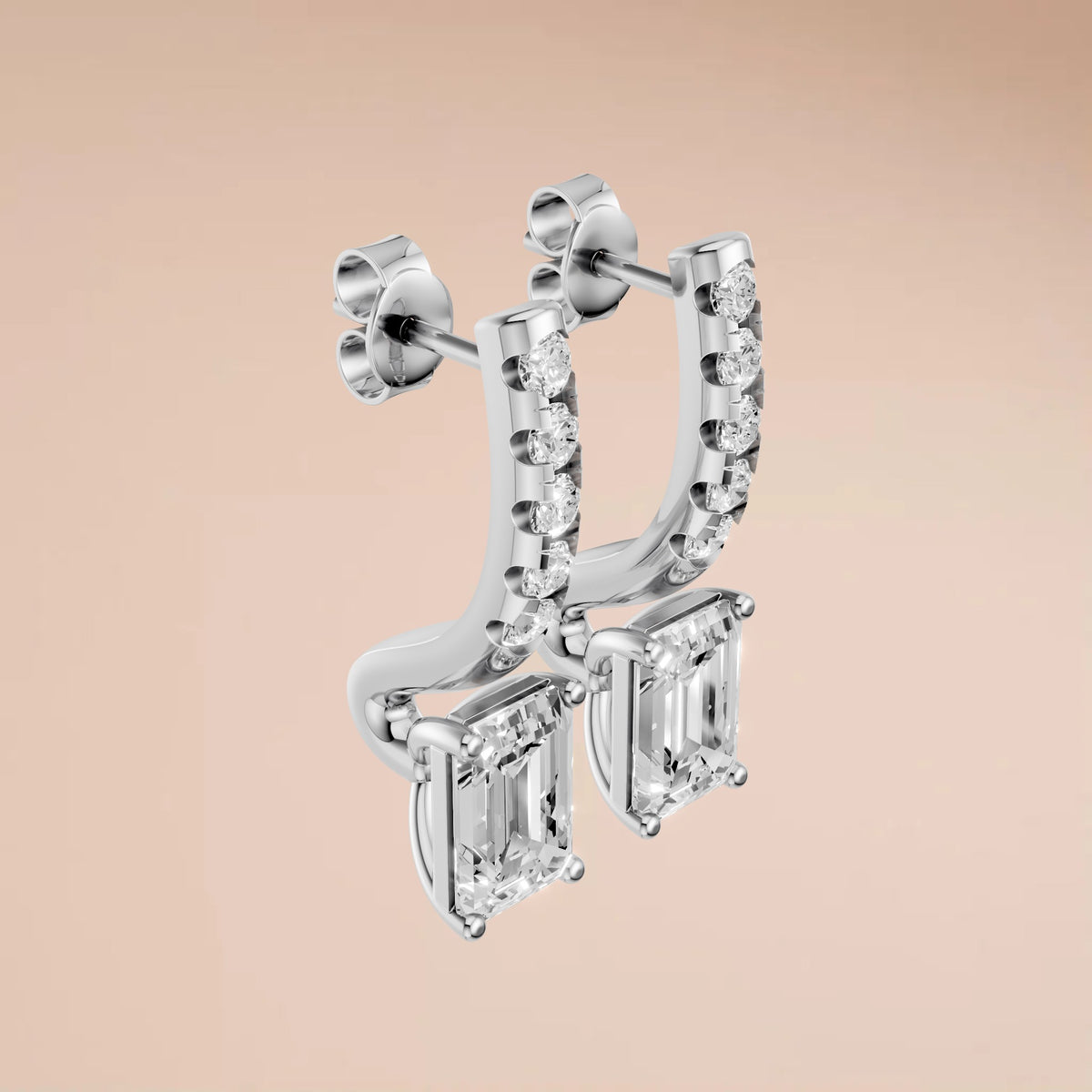 Emerald Cut Diamond Drop Hoop Earrings with Round Diamond Detailing