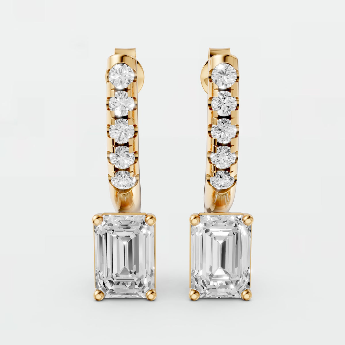 Emerald Cut Diamond Drop Hoop Earrings with Round Diamond Detailing