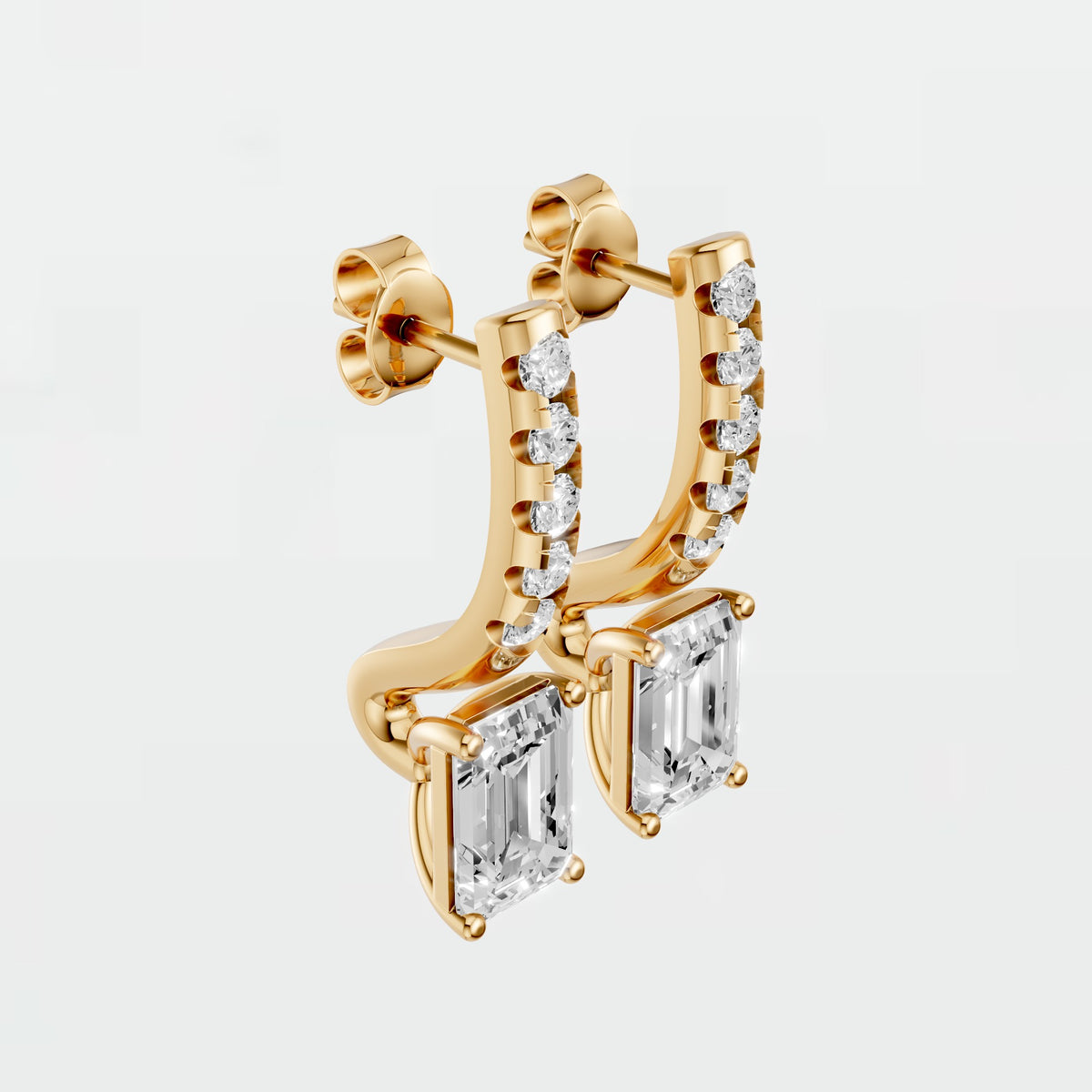 Emerald Cut Diamond Drop Hoop Earrings with Round Diamond Detailing