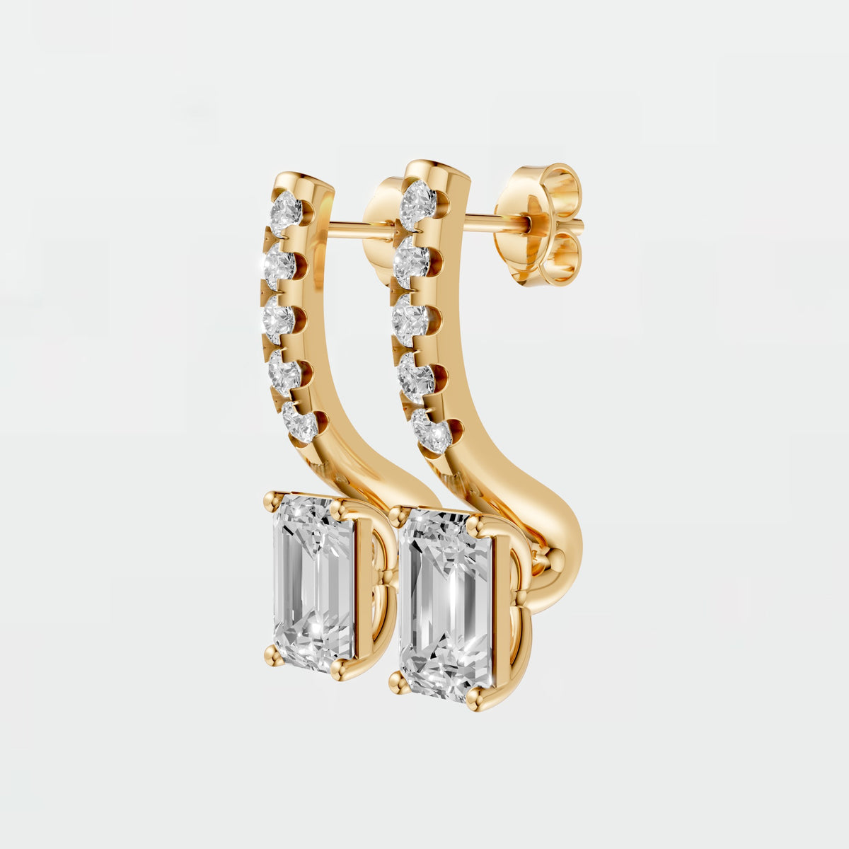 Emerald Cut Diamond Drop Hoop Earrings with Round Diamond Detailing